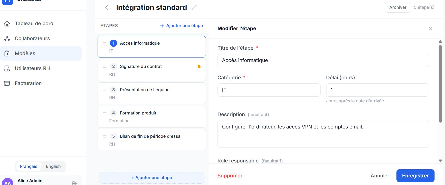 Éditeur de parcours — configuration des étapes