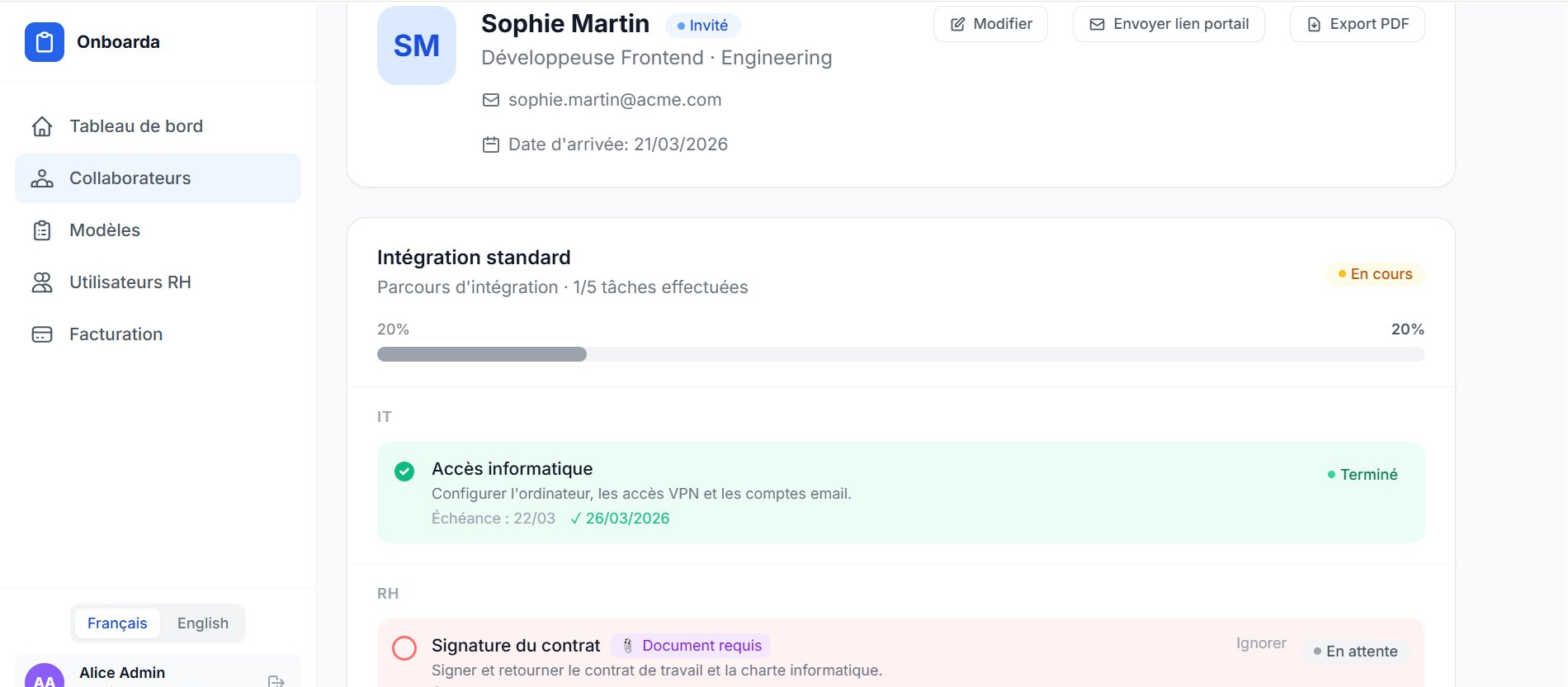 Fiche collaborateur — suivi des tâches et progression